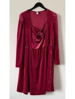 Ava & Viv Berry Red Long Sleeve Velvet Rosette Midi Dress Women Size 1X